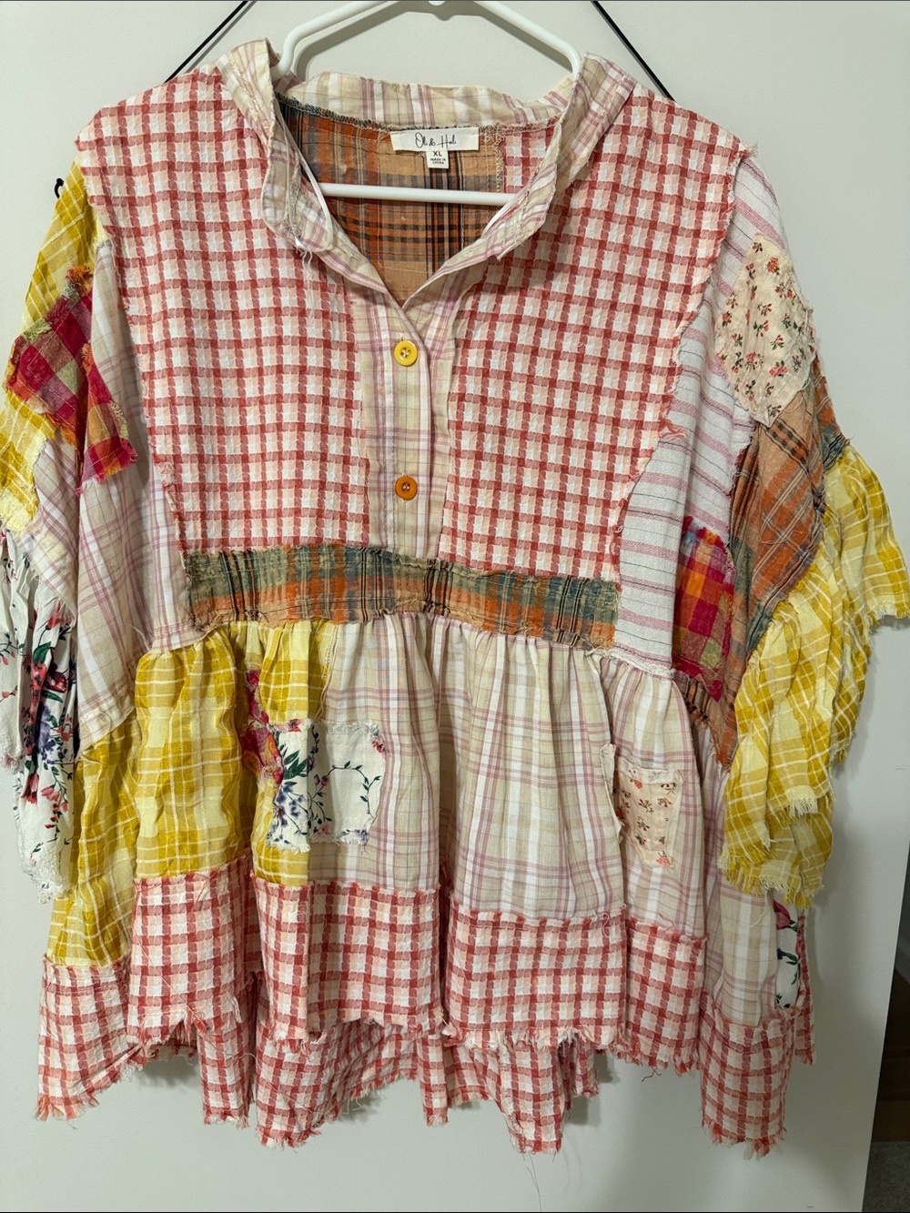 Oli & Hali Patchwork Peasant Top in Yellow, Red & Pink